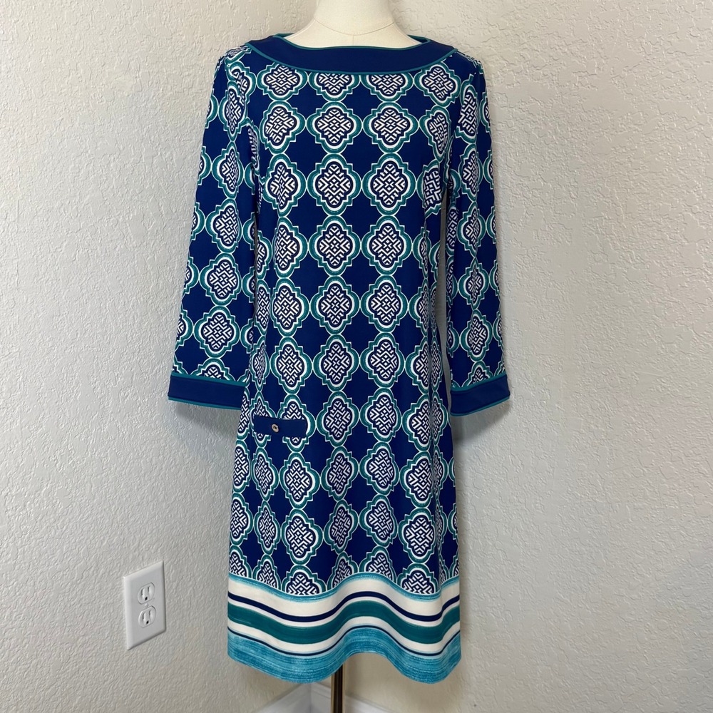 Shift Dress Cabana Life Womens Small Blue Geometric Coastal Resort Preppy Tunic